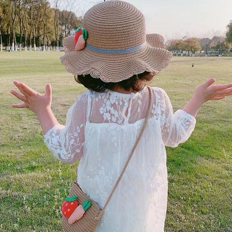 Mũ / túi đeo chéo đan sợi cọ phong cách thời trang mùa hè ngọt ngào cho bé gái