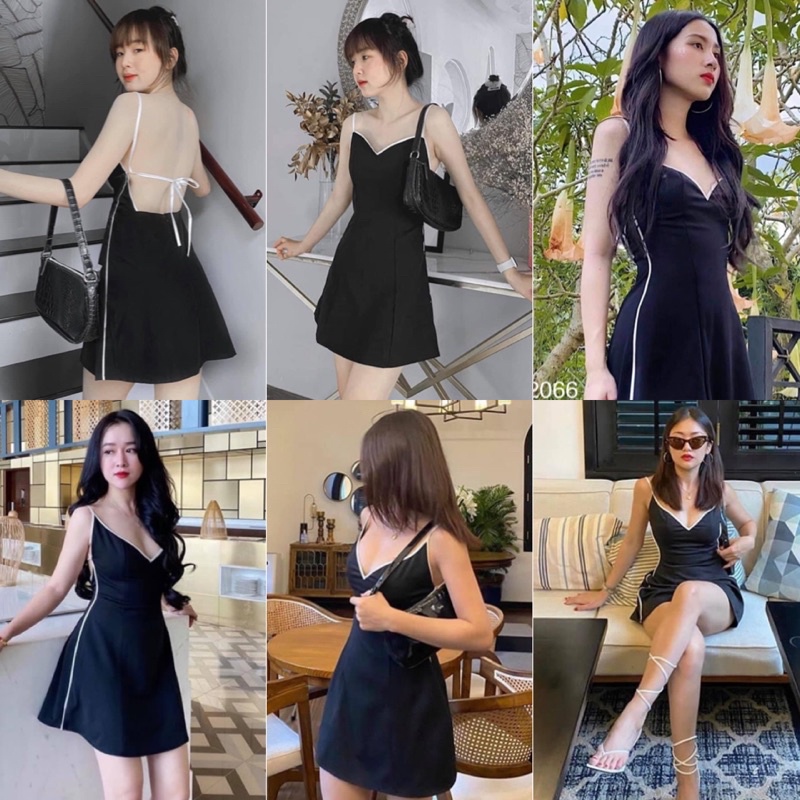 Đầm Hai dây Đen thiết kế cột nơ hở lưng sexy có sẵn mút ngực form chuẩn ôm eo style quyến rũ