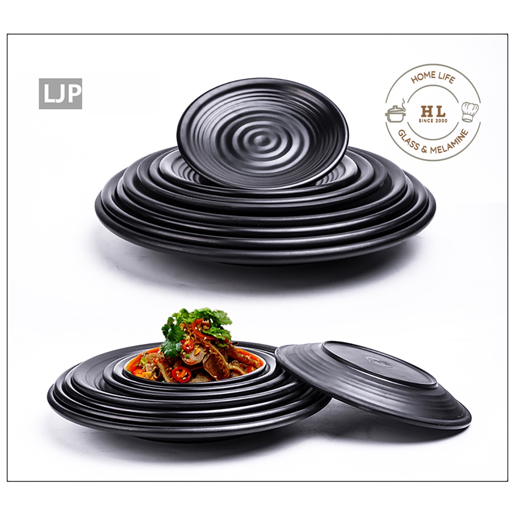 Đĩa tròn đen Melamine A5 Vân Xoáy LJP 006 - 012 ĐÀI LOAN CHO NHÀ HÀNG LẨU NƯỚNG 150018 - 150020 ( Hàng có sẵn)