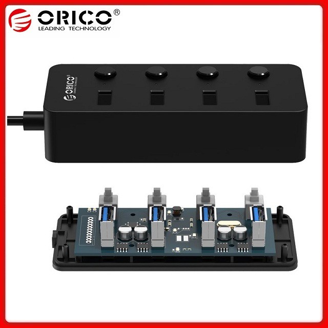 Bộ chia USB 3.0 ORICO W9PH4-U3-BK Hub 4 Cổng Có Công Tắc Riêng Màu Đen - Hàng Chính Hãng BH 12 Tháng Viscom