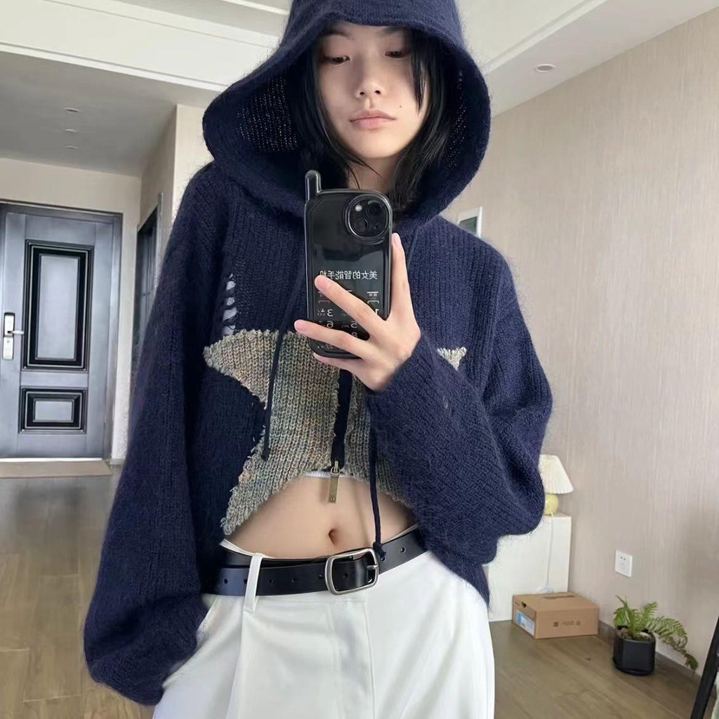 Áo Khoác Cardigan Có Mũ Trùm Đầu Và Khóa Kéo Hình Ngôi Sao Năm Cánh Thiết Kế Mới Mùa Thu 2022