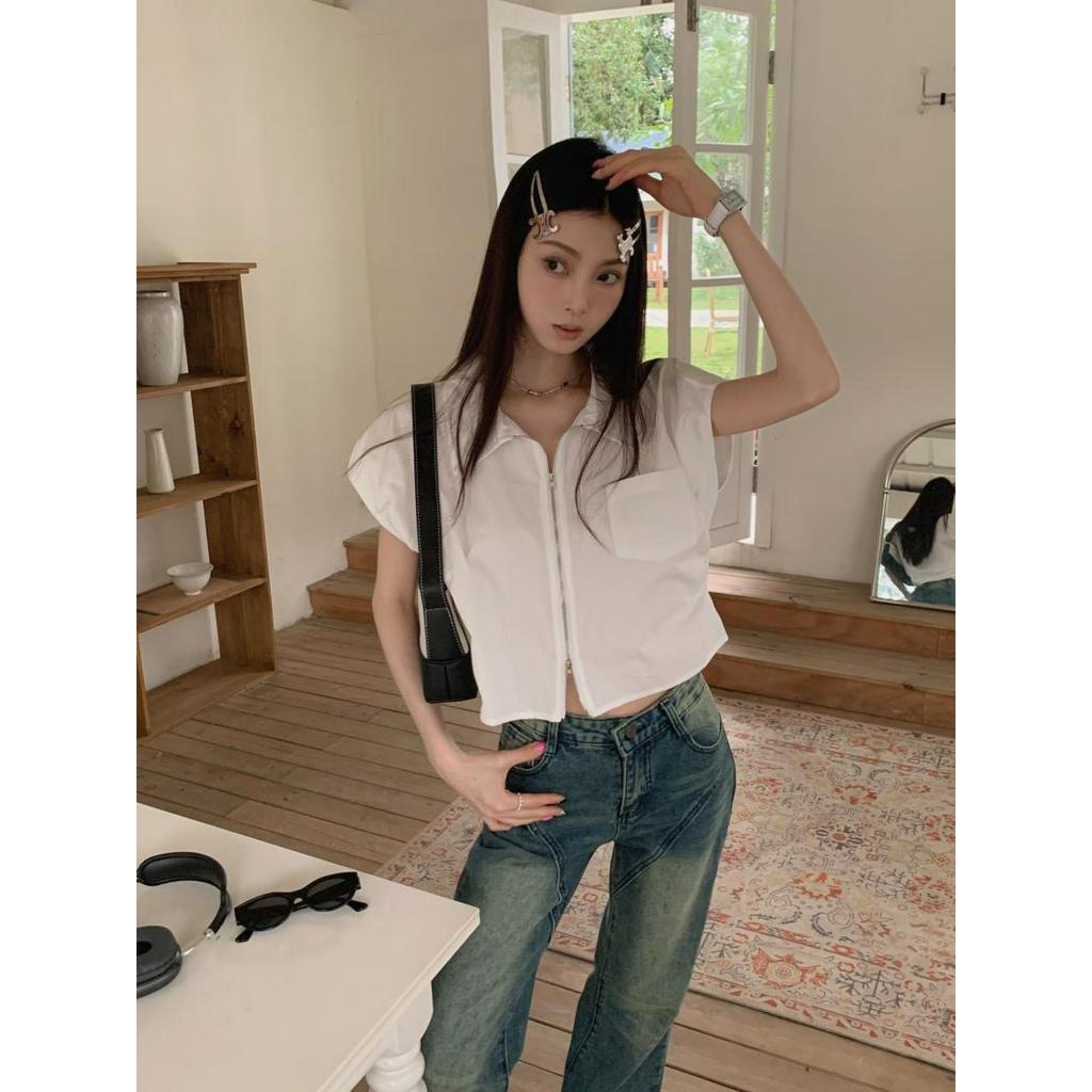 Áo Sơ Mi Cổ Mép Lật Ngắn Tay Phối Khóa Kéo Đôi Thời Trang Hàn Quốc 63423