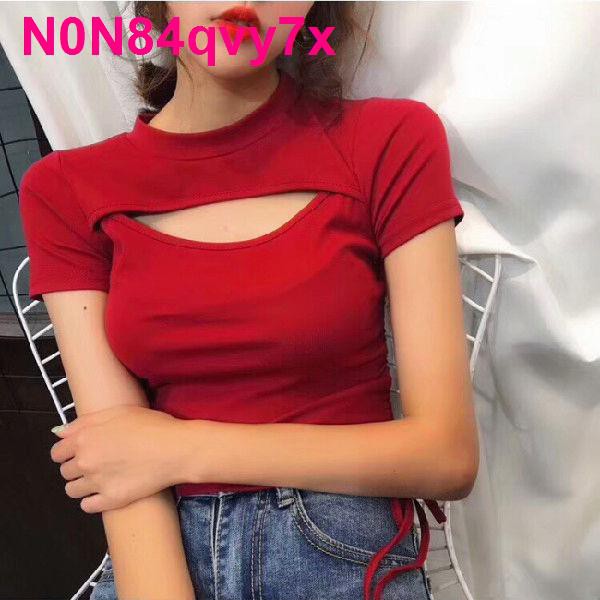 Slim Fit áo ngắn tay màu đỏ thun mùa hè 2020 nữ thời trang mới dây rút sexy lưới quần hàng đầu