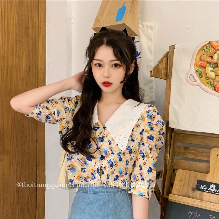 Áo sơ mi Hoa, Cổ Búp Bê Phong Cách Retro Hàn Quốc
