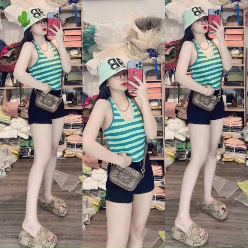 Áo sát nách cổ tim sọc phối đồ cực xinh và tươi trẻ PC