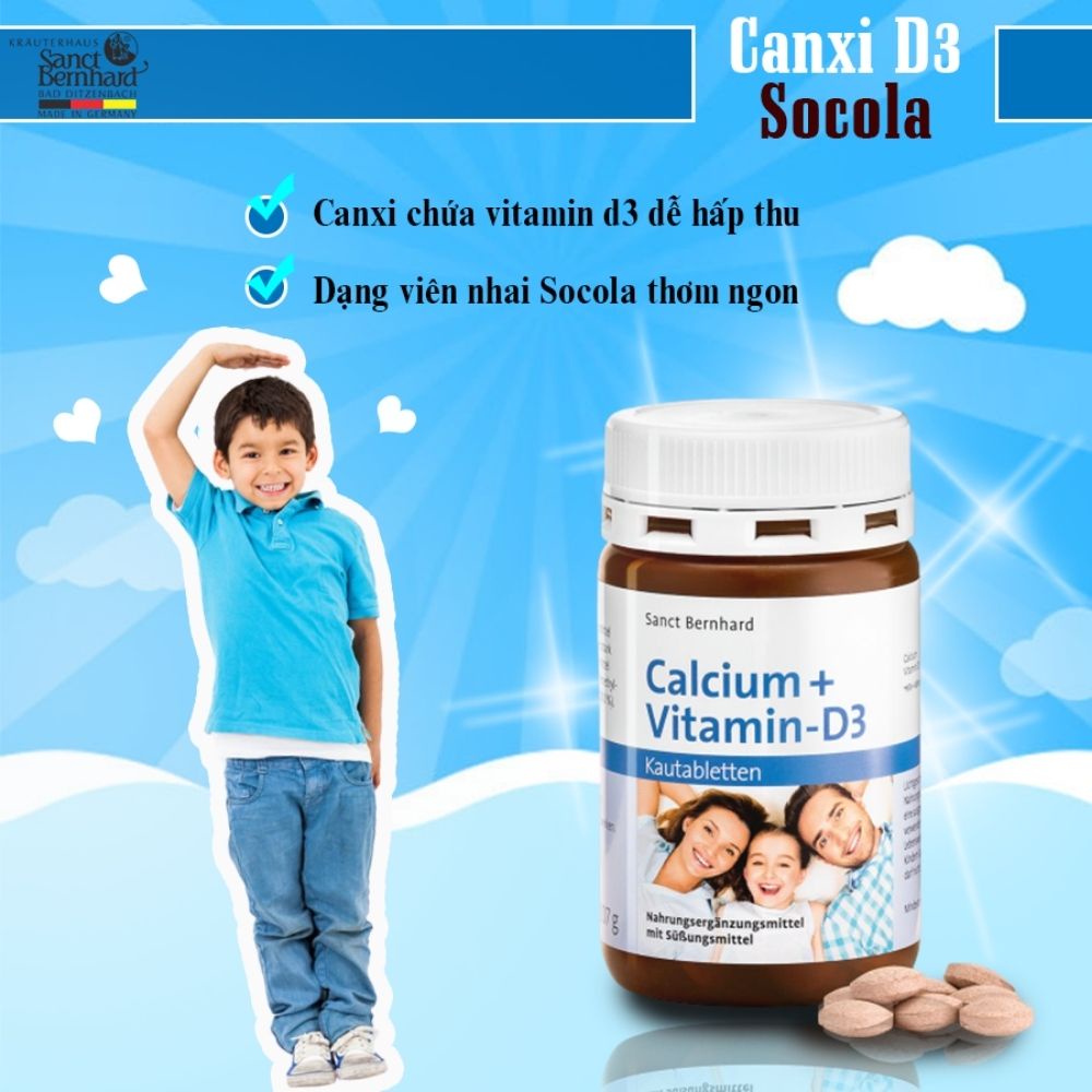 Viên ngậm canxi Calcium Vitamin D3 Sanct Bernhard hàng Đức hương Socola 150 viên cho bé trên 2 tuổi và cả gia đình