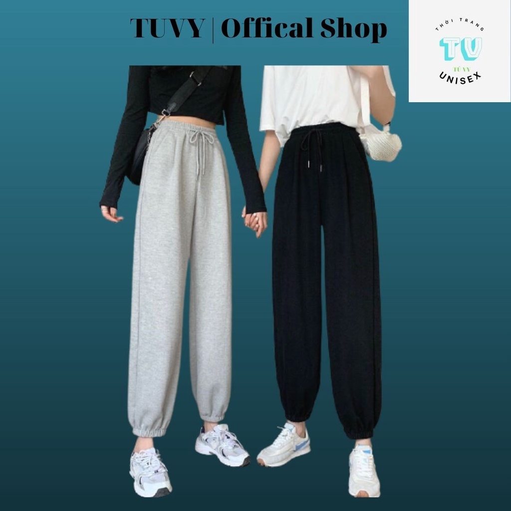 Quần bom bo ống nữ TUVYSHOP Quần Jogger TRƠN Màu Trắng Basic có size nỉ tàu mềm min 2 màu đen xám