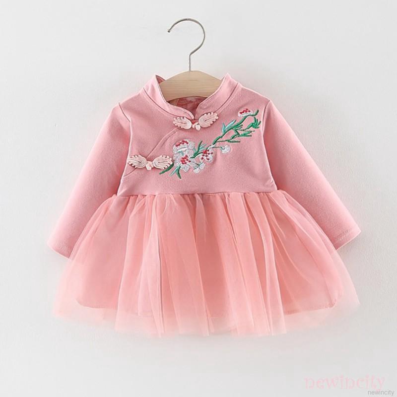 Váy dài tay thêu họa tiết phong cách Trung Hoa đáng yêu cho bé gái