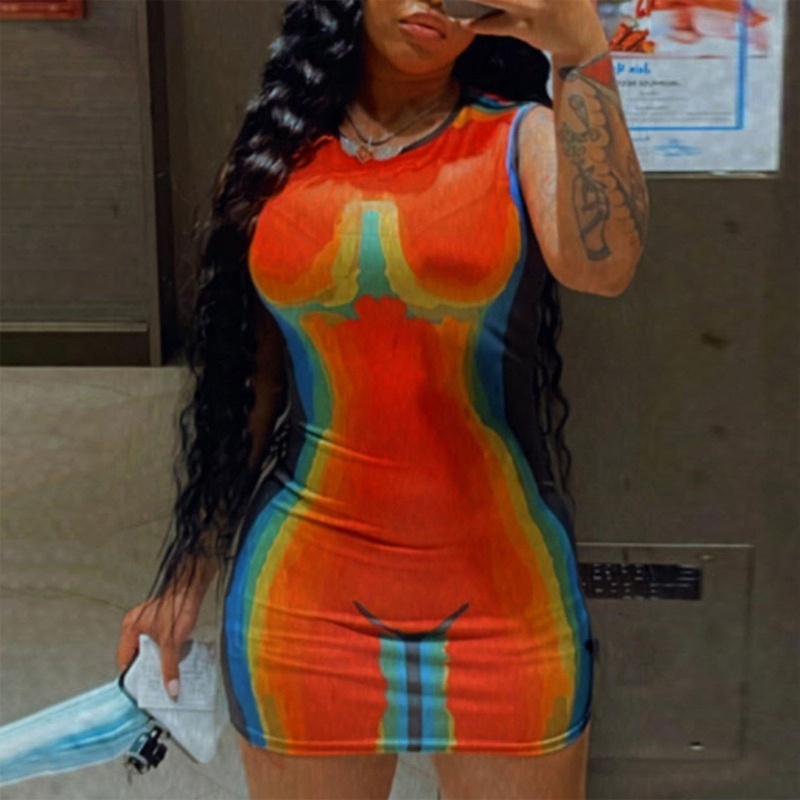 Đầm không tay dáng ôm Cổ Tròn In Họa Tiết Cầu Vồng 3D Thời Trang Quyến Rũ Cho Nữ