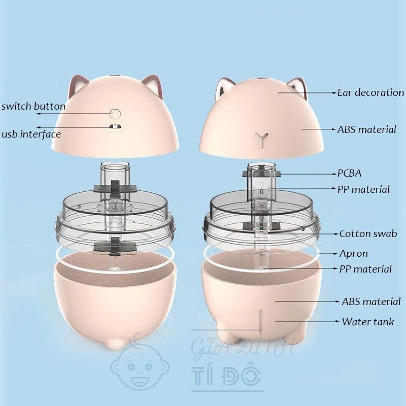 Máy Phun Sương Tạo Ẩm Hình Mèo Doodge Dễ Thương Có Đèn LED Dung Tích 200ml