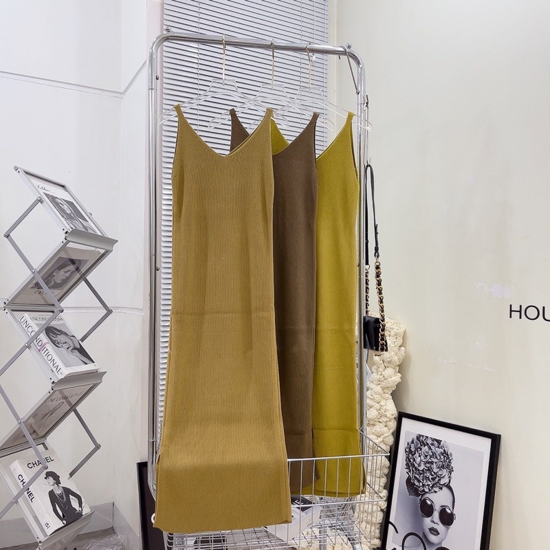 Đầm len hai dây xẻ tà Hàng Quảng Châu Loại 1, Váy Len hai dây dáng dài