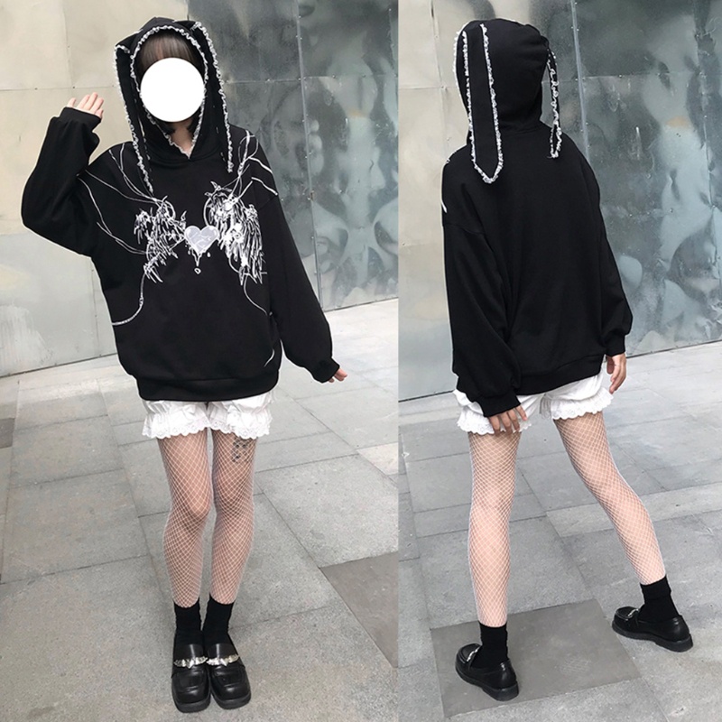 Áo hoodie tay dài ngoại cỡ kiểu tai thỏ in hình trái tim ác quỷ có cánh kiểu gothic punk 10MK cho nữ