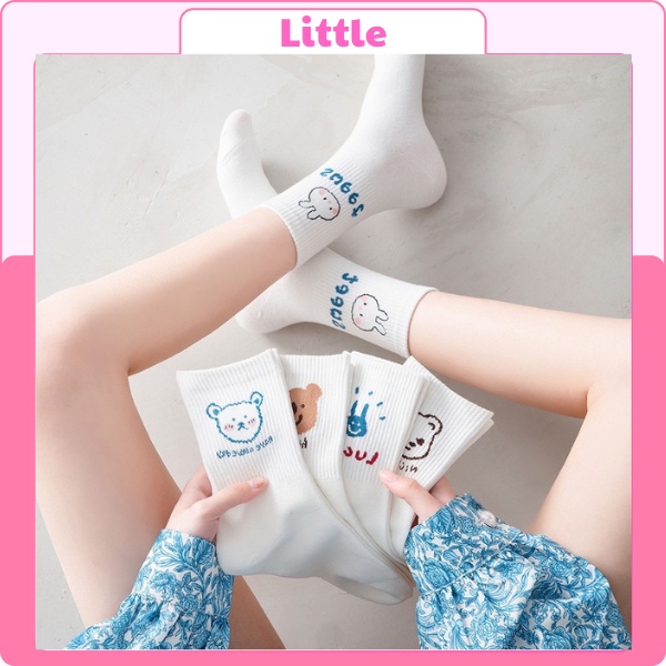 Tất cổ cao, vớ cổ cao nữ trắng họa tiết hình thú xinh xắn vải cotton co giãn thời trang Hàn Quốc