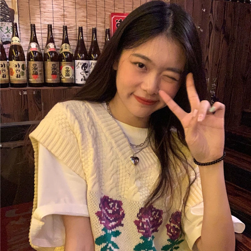 Áo len không tay cổ chữ V họa tiết hoa hồng phong cách Hàn Quốc cổ điển cho nữ sinh