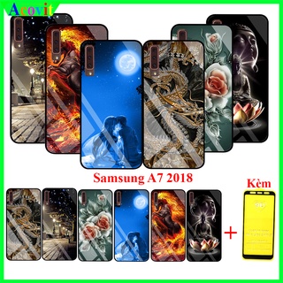 COMBO Ốp lưng Samsung A7 2018 (Kèm 1 Kính cường lực Full Màn hình) Mặt kính 3D sắc nét , Khồng Nhòe, Phai Acovit