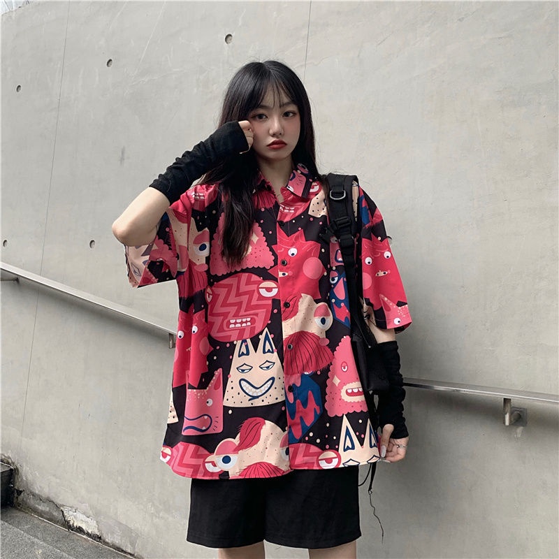 Áo Sơ Mi Voan Tay Ngắn Dáng Rộng In Họa Tiết Cá Tính Trẻ Trung Hợp Thời Trang