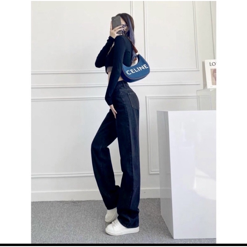 Quần jeans nữ ống đứng lưng cao đen trơn H.N.M STORE - Quần bò ống rộng dáng xuông cạp cao hottrend