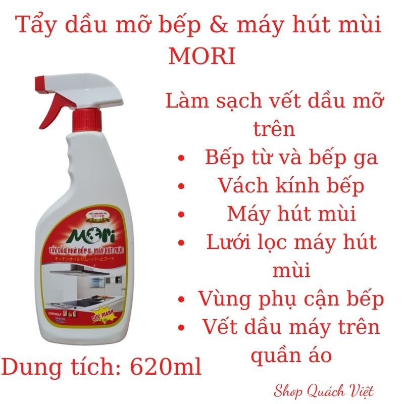 Tẩy dầu mỡ bếp và tẩy dầu mỡ máy hút mùi MORI, tẩy dầu mỡ siêu sạch, chai 620ml