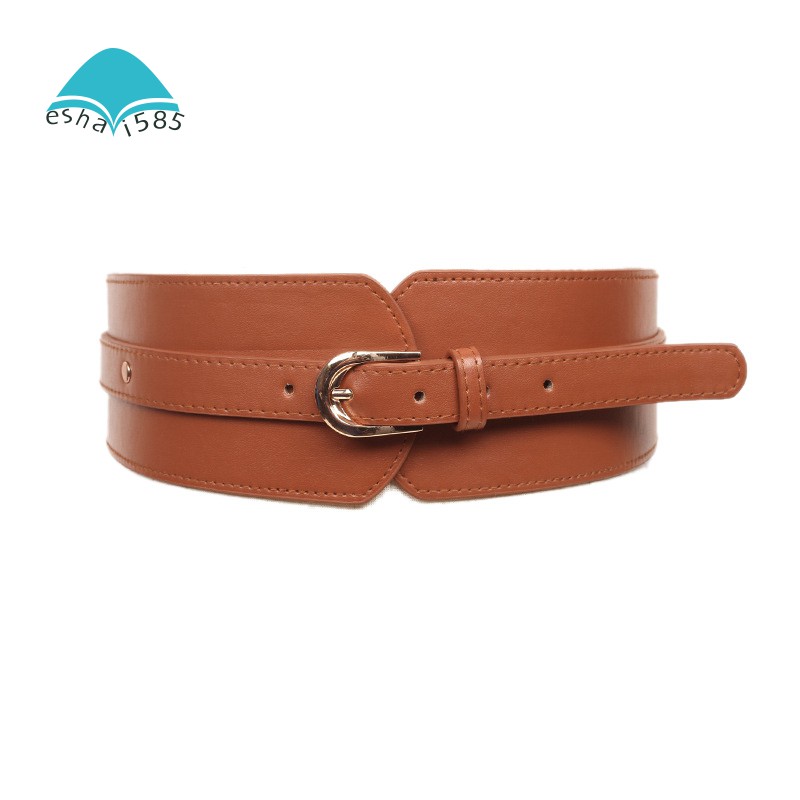 -Leather High Belt Ladies Retro Belt Buckle Versatile Elastic Wide Belt Casual Waist Seal Decoration (Khaki)