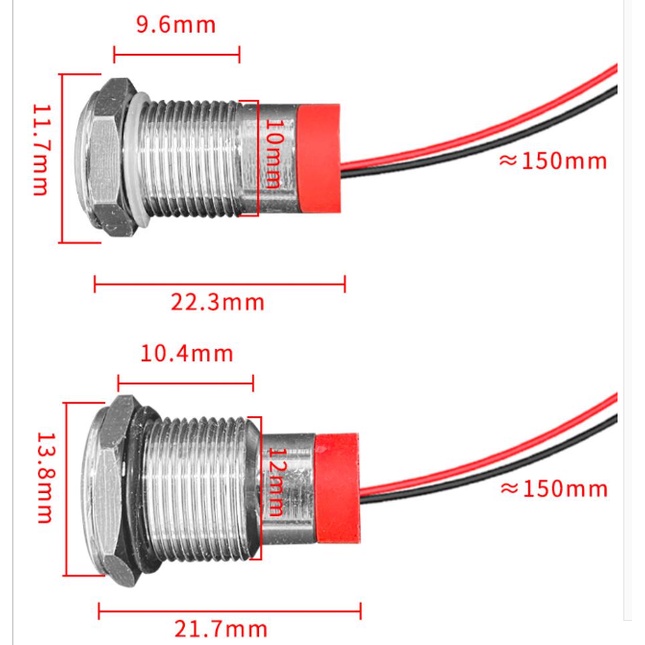 Led báo nguồn chống nước IP67 6mm 8mm 10mm 12mm  3V 5V12V 24V 220V các màu đỏ trắng xanh lá xanh dươn vỏ kim loại