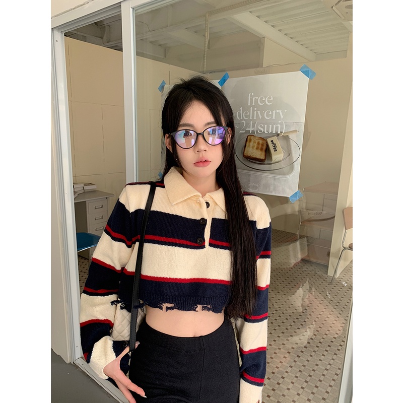 Áo sweater Dệt Kim Tay Dài Cổ polo Họa Tiết Kẻ Sọc Màu Thời Trang Hàn Quốc Xinh Xắn Cho Nữ