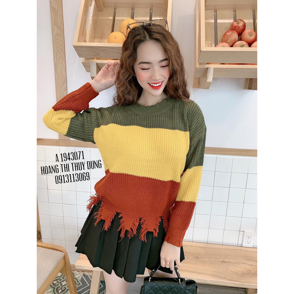 ÁO LEN RÁCH LAI PHỐI 3 MÀU CÁ TÍNH CHO MÙA ĐÔNG CỰC XINH