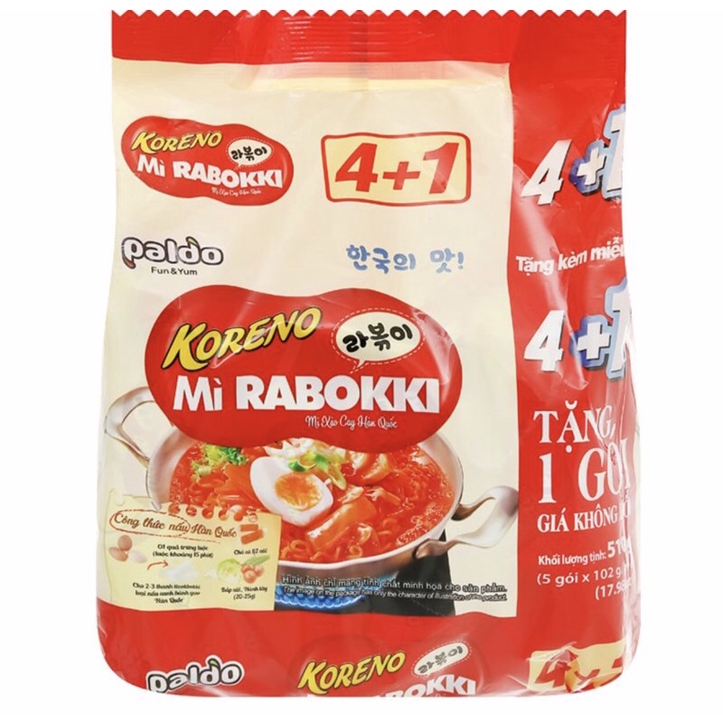 Lốc 5 Gói Mì Xào Cay Koreno Rabokki (102G x 5 Gói)