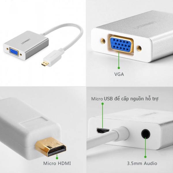 Cáp chuyển đổi HDMI sang VGA Ugreen 40212 hỗ trợ Audio, nguồn phụ cao cấp - Hàng chính hãng