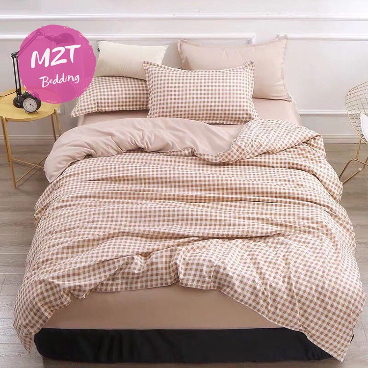 Bộ chăn ga gối Cotton poly M2T Bedding grap Caro nâu be, vỏ chăn mền, drap nệm và 2 vỏ gối