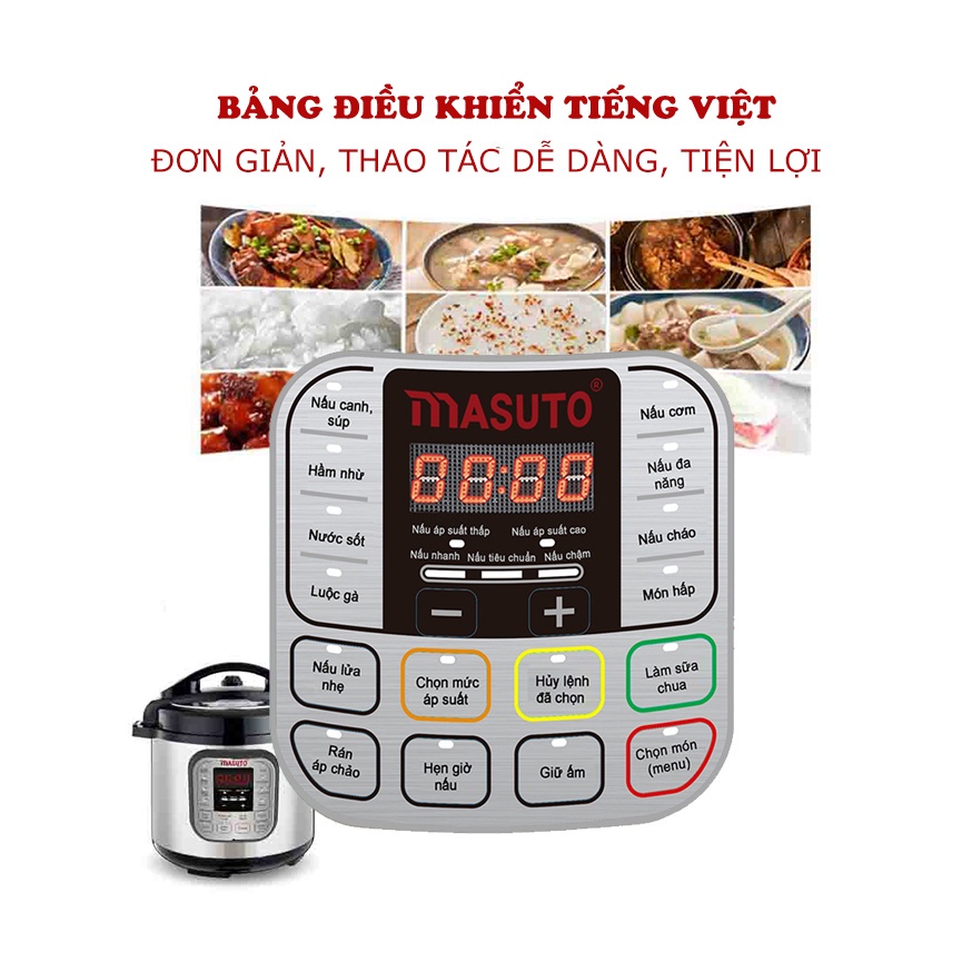 Nồi áp suất Masuto LG-06A Công Suất 1000W, Dung Tích 6L, 7 Chức Năng, Ruột Inox 304 Nguyên Khối - Hàng Chính Hãng
