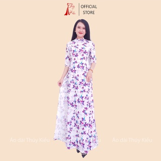 Áo dài in 3D lụa Nhật nền trắng lá tím HN08