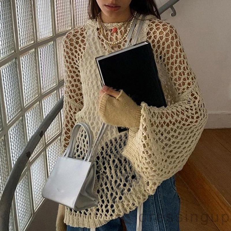 Áo kiểu dệt kim tay dài cổ tròn dáng rộng thiết kế lưới cá quyến rũ cho nữ