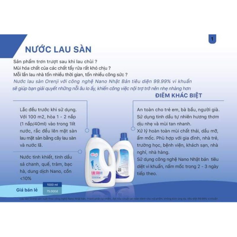 Nước lau sàn tinh dầu quế/ sả chanh đuổi côn trùng Orenji - công nghệ nano, an toàn, không hóa chất, sạch nhanh.