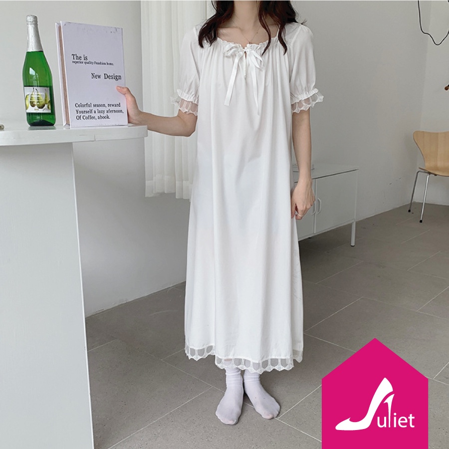 Váy ngủ tiểu thư cộc tay phối ren, đầm ngủ bánh bèo, chất thun cotton co giãn 4 chiều