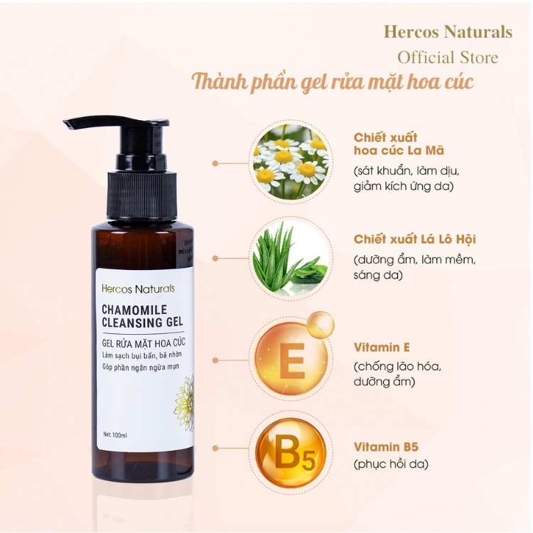 Gel Rửa Mặt Hoa Cúc Hercos Naturals làm sạch, ngăn ngừa mụn Chamomile Cleansing Gel 100ml | BigBuy360 - bigbuy360.vn