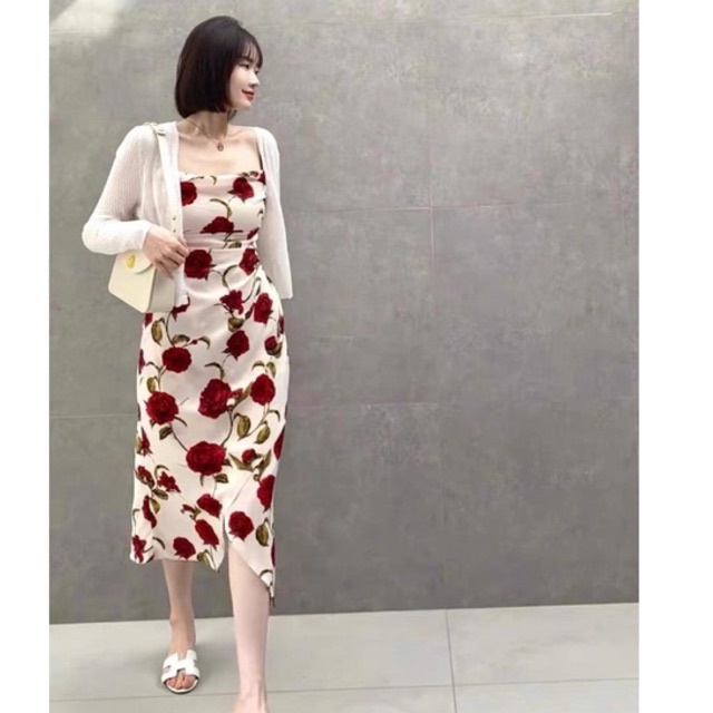 Sét váy 2 dây hoa hồng đỏ, váy dáng dài tôn eo chất liệu cao cấp hàng order Taobao