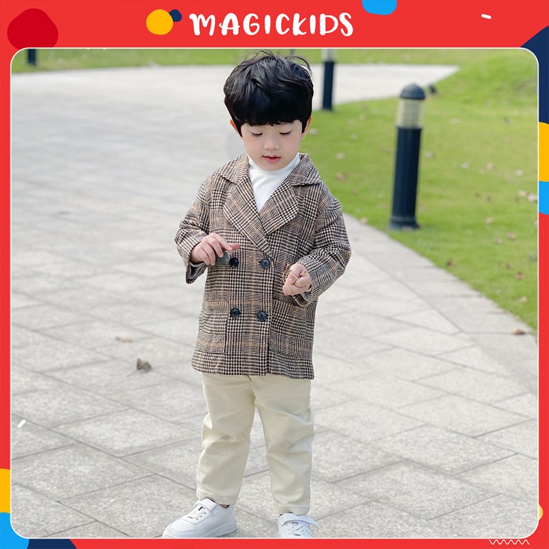 Áo khoác măng tô dạ 2 lớp dày dặn giữ ấm kiểu dáng Hàn Quốc cho bé trai Magickids Áo vest cho bé AO21021