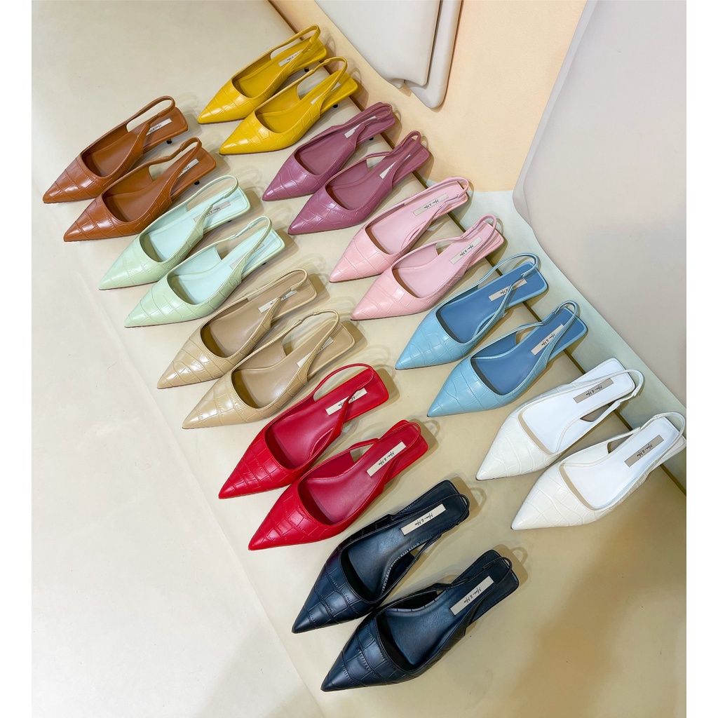 Giày Sandal Nữ- Sandal Slingback Moe Moe Mũi Nhọn Da Vân 5p Chất Lượng VNXK