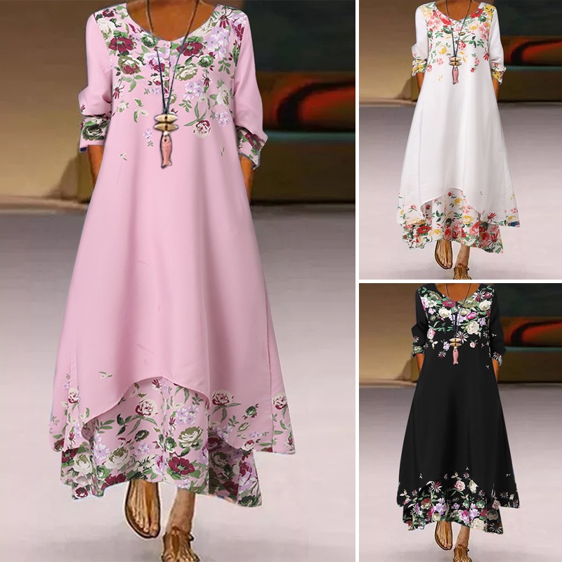 Đầm ZANZEA dáng dài cổ tròn in họa tiết phong cách vintage Châu Âu cho nữ