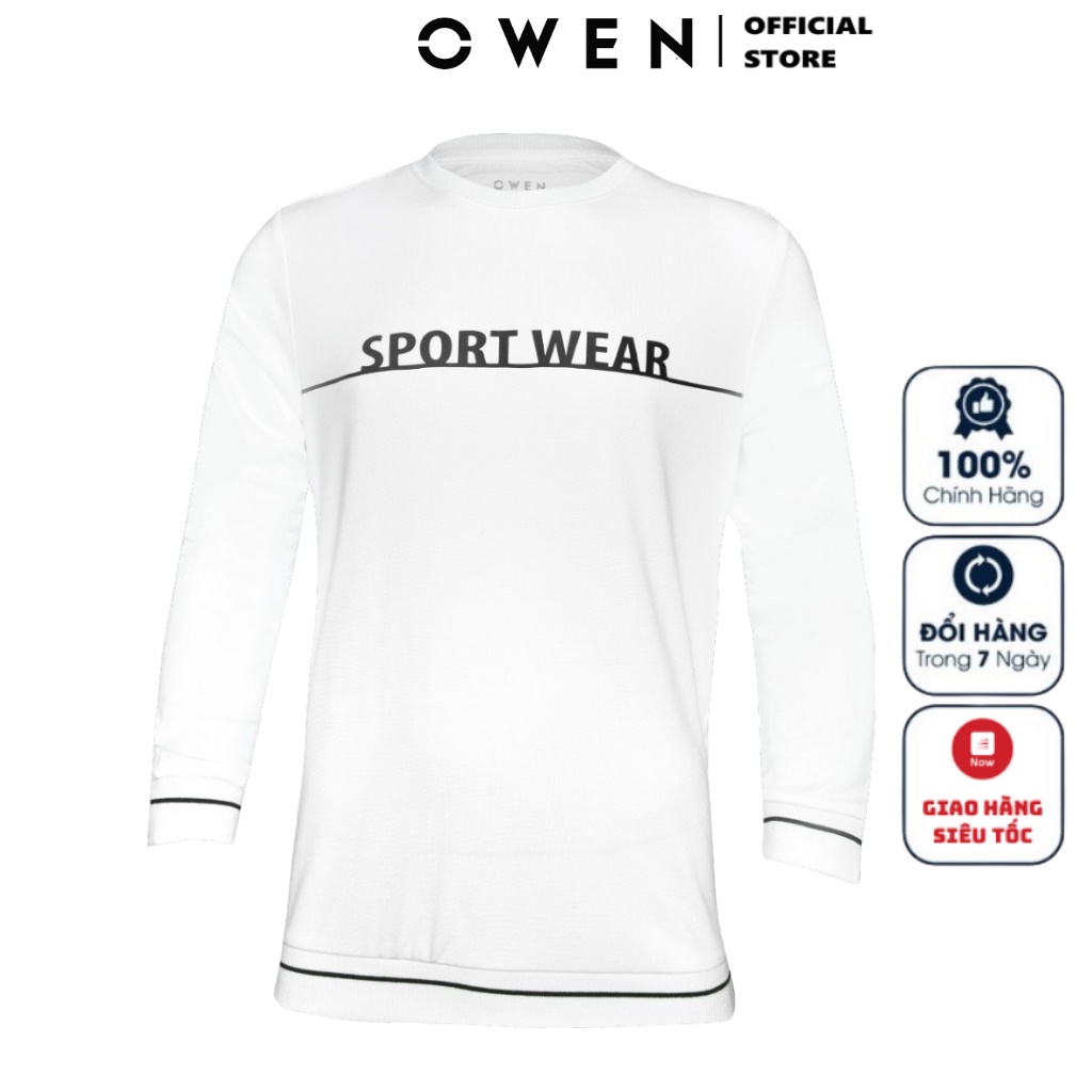 Áo Thu Đông Nam Thun Dài Tay Cao Cấp OWEN HD23281 Cổ Tròn Tay Và Gấu Áo Suông Màu Trắng In Chữ Ngang Ngực Chất Visco