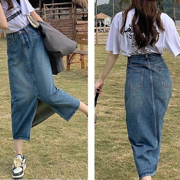Chân váy SUXI jean dáng chữ A lưng cao màu sắc đơn giản trẻ trung