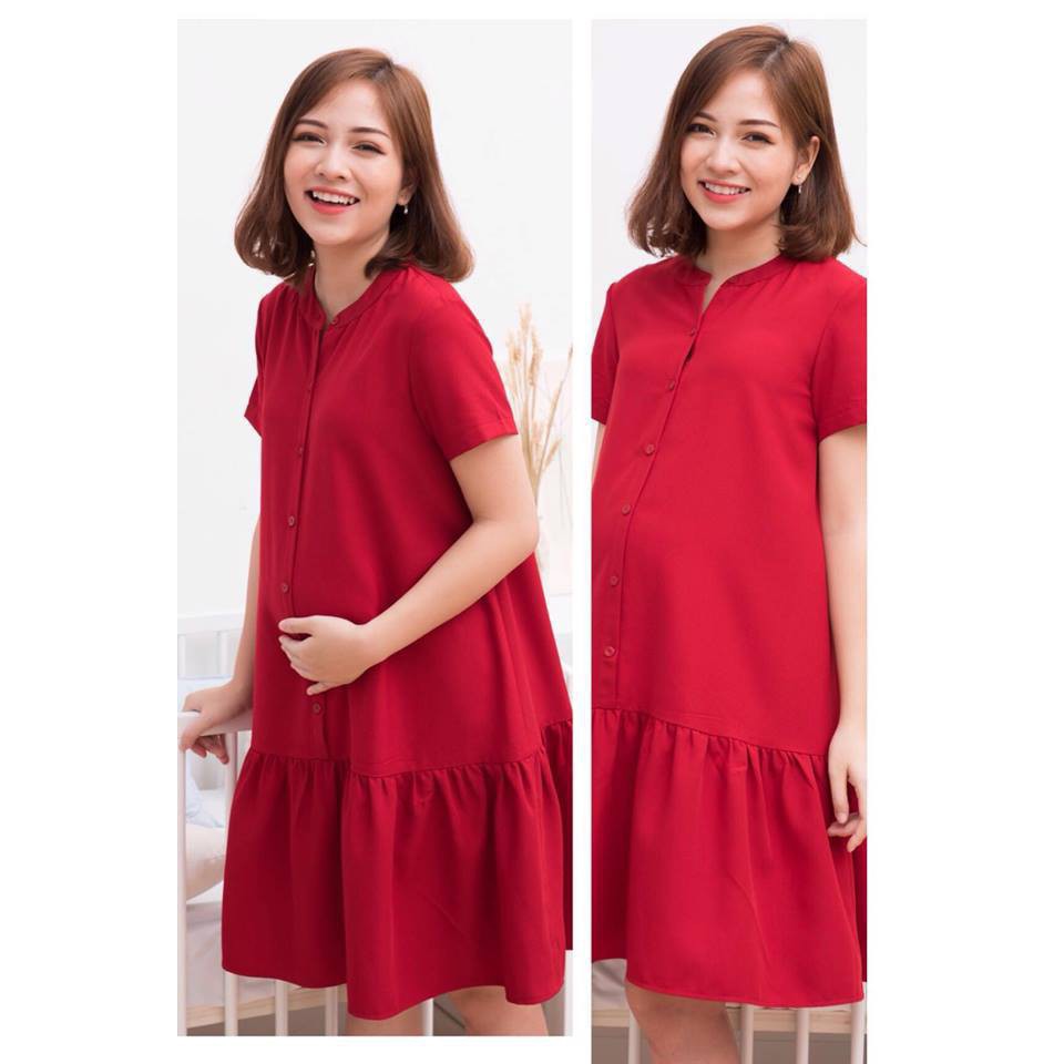 Váy bầu công sở - đầm bầu mùa hè màu đỏ đuôi cá cổ tàu váy sau sinh cho con ti HD01 - Meemom đẹp