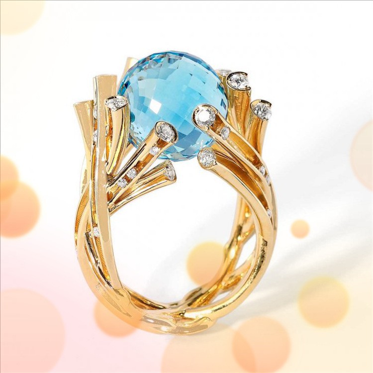 Nhẫn vàng 14K nữ Nhẫn kim cương quả cầu pha lê xanh sang trọng