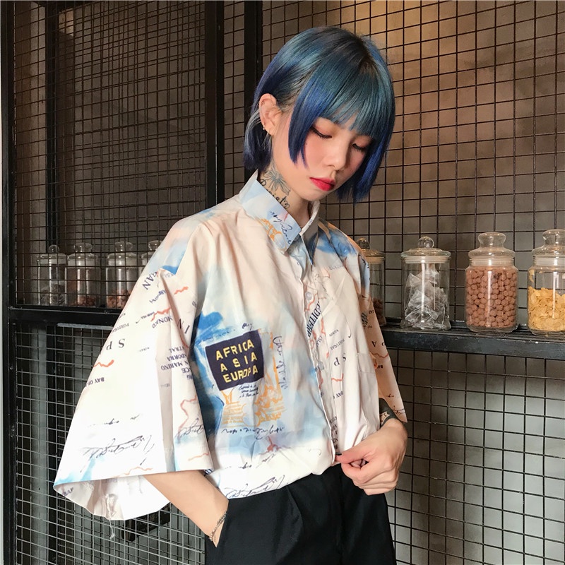 【ZHELIHANGFEI】 Áo Sơ Mi Dáng Rộng In Bản Định Hướng Phong Cách Harajuku Hip Hop Đường Phố Mùa Hè Cho Nam Và Nữ
