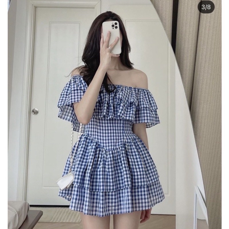Váy Caro Xanh Đen Trễ Vai Bèo Siêu Xinh