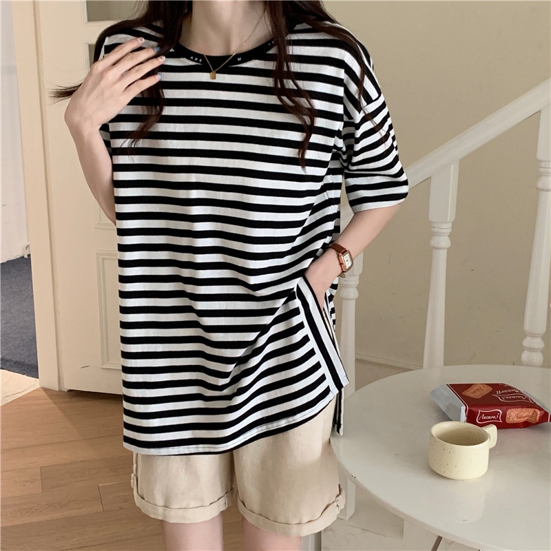 SUXI Đầm Thun Cotton Dáng Rộng Họa Tiết Sọc Trắng Đen Cổ Điển Thời Trang Mùa Hè Cho Nữ