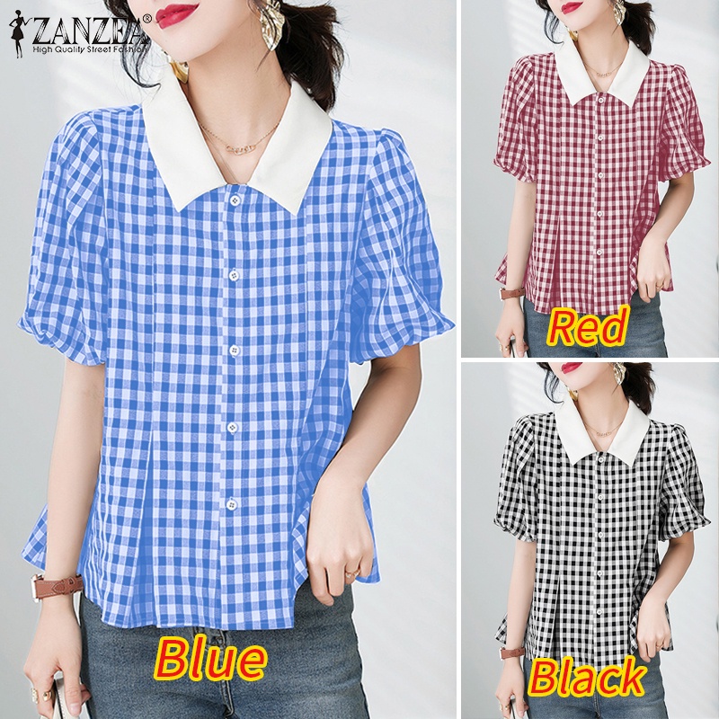 ZANZEA Áo Kiểu Tay Phồng Ngắn Cổ Bẻ Xếp Ly Họa Tiết Kẻ Sọc Phong Cách Hàn Quốc Thời Trang Cho Nữ