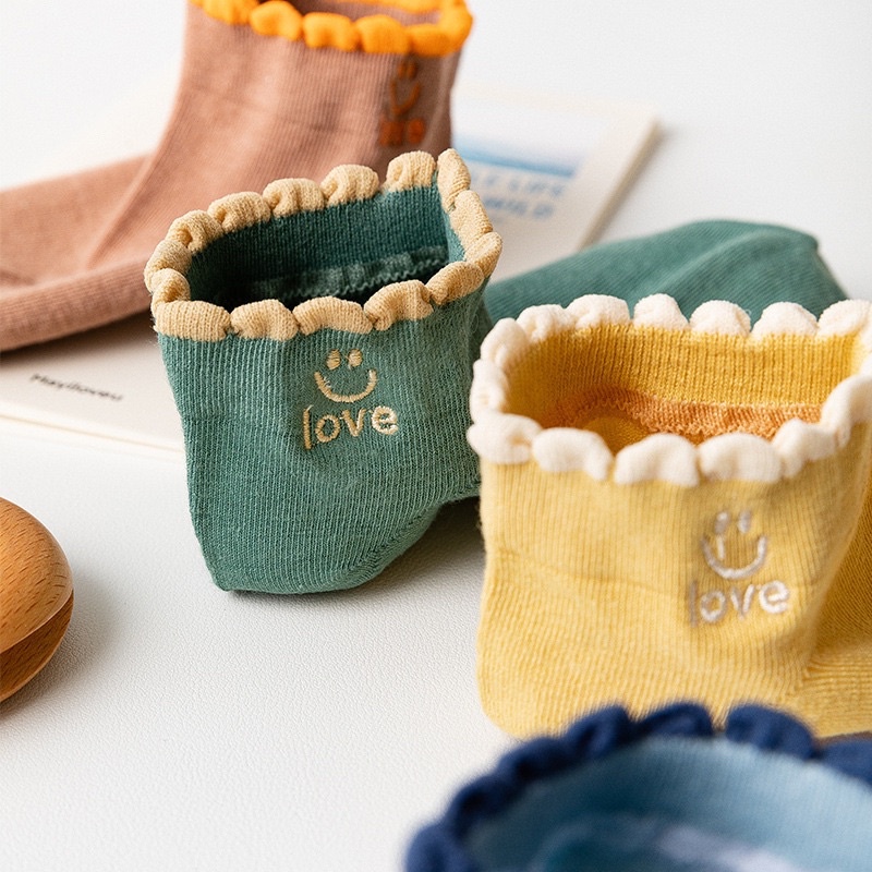 Set 5 Đôi Tất, Vớ Nữ Cotton Thêu Hình Mặt Cười Chữ Amor Cổ Nhún Siêu Xinh TT4
