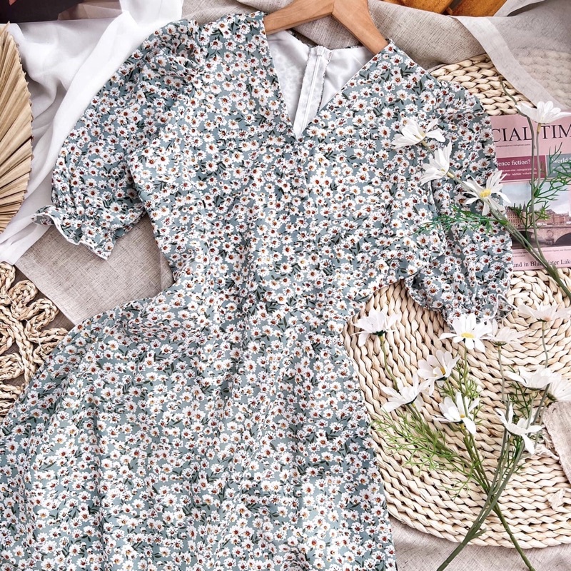 Đầm Hoa Xoè Vintage Tay Bo Dễ Thương