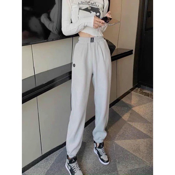 Quần jogger tăm logo mặt cười bo gấu nữ - Nỉ ống boom cạp chun dáng dài phong cách đường phố vintage ulzzang | BigBuy360 - bigbuy360.vn
